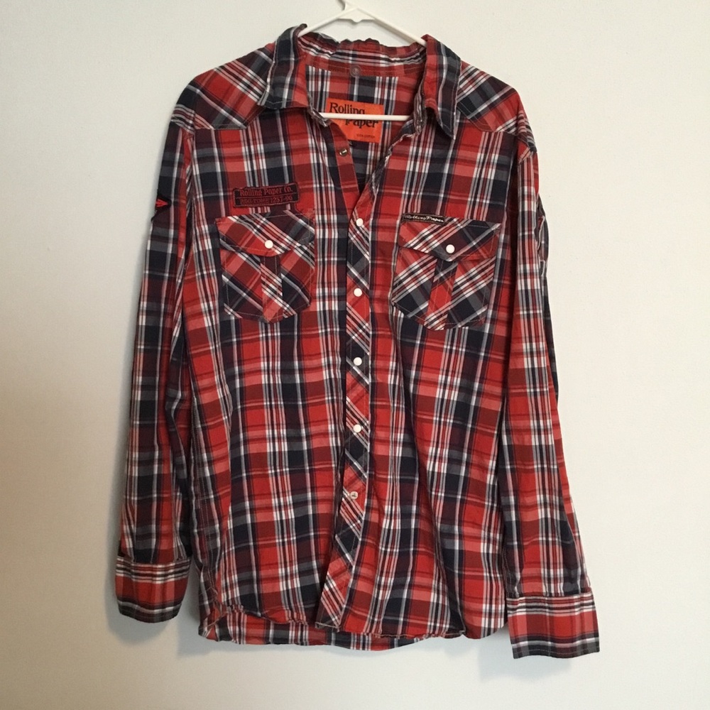 Rolling Paper plaid shirt w/ patches size XL snaps